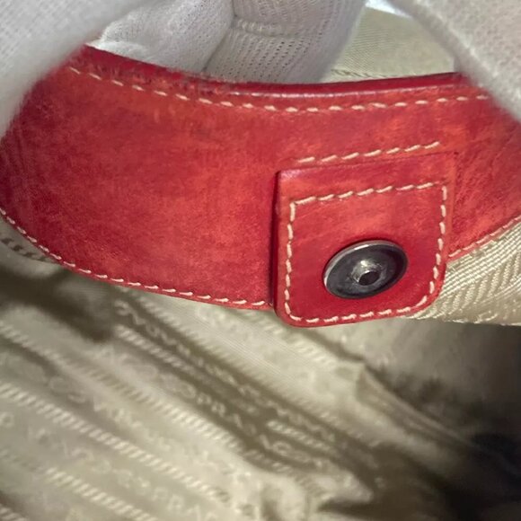 PRADA Bucket type Logo drawstring bag Shoulder Bag Leather/Canvas Beige/Red - Picture 14 of 16